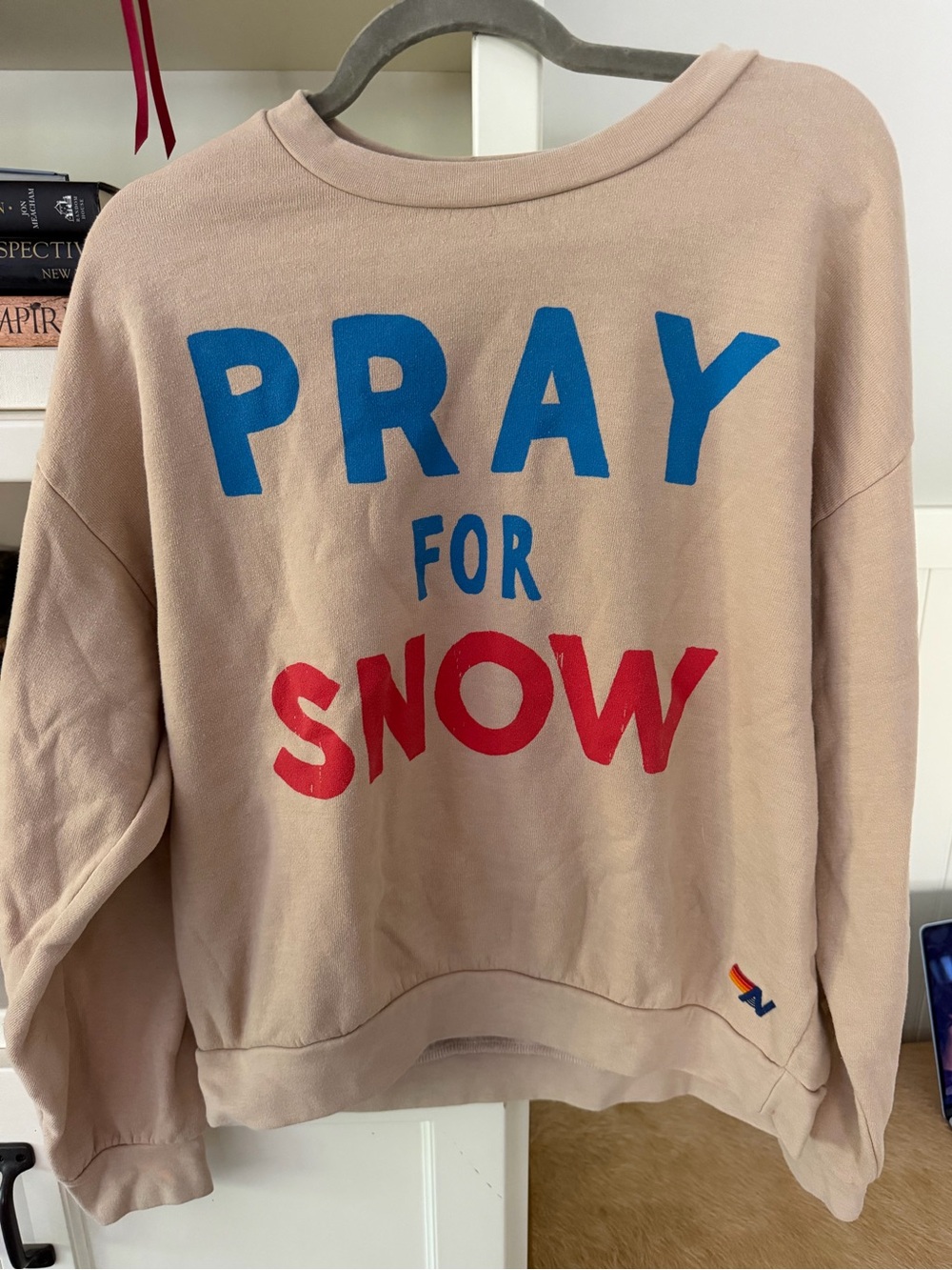 Aviator Nation Beige 'Pray for Snow' Crewneck with Blue & Red Graphic